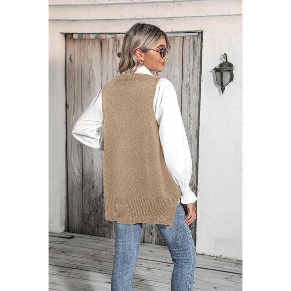 Women Camel Sweater Vest Sleeveless V Neck Oversized Knitted Pullover Fall - Picture 5 of 5
